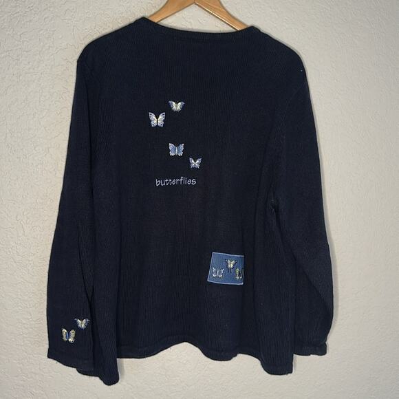 Vintage CJ Banks Butterfly Embroidered Cardigan Sweater Navy Blue Y2K Teacher - Picture 8 of 9